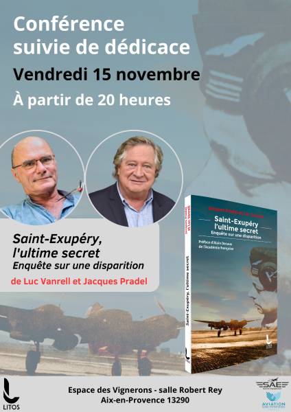 Luc vanrelle et jacques pradel séance de dédicace 15 novembre 2024 sur la disparition antoine de saint exupéry et de son avion le p-38 lightning
